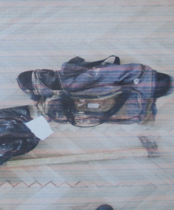 Сокира металева з дерев'яною ручкою, б/в; дорожня сумка синього кольору з зелено-оливковими вставками, б/в