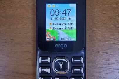 Мобільний телефон марки "Ergo" чорного кольору, вживаний, IMEI 1:357576102755624, IMEI 2:357576102965629