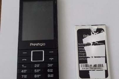 Мобільний телефон марки "Prestigio" бувший у використанні та акумуляторна батарея до нього SINBA 170919Х006631  бувша у використанні