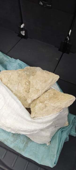Один зразок каменю гірської породи вапняк та десять частин білого каменю загальною вагою 31 кг