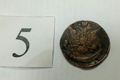 Монета з металу темно сріблястого кольору, аверс-малюнок з гілками листя та цифрами 1770, реверс малюнок двоглавого орла з написом "5 копеек", гурт груба насічка